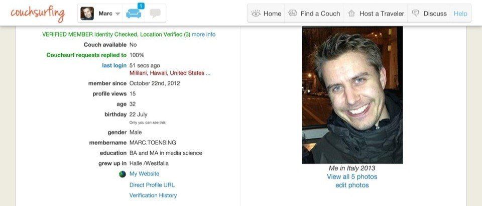 Mein Profil bei CouchSurfing.org