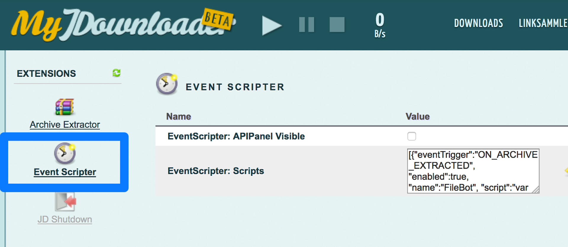 Der Event Scripter unter my.JDownloader in den Einstellungen