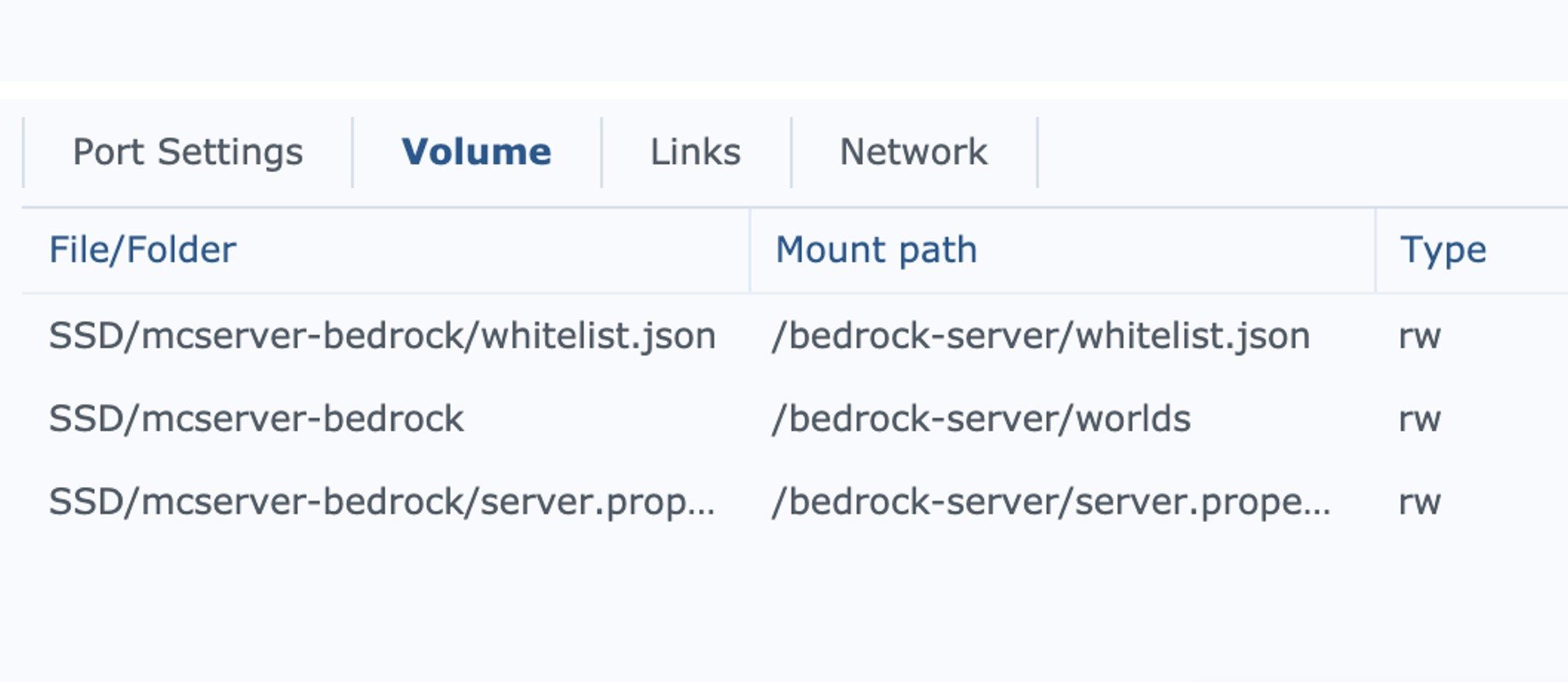 So sieht der mount path mit server.properties Datei (NICHT Verzeichnis!) aus. 