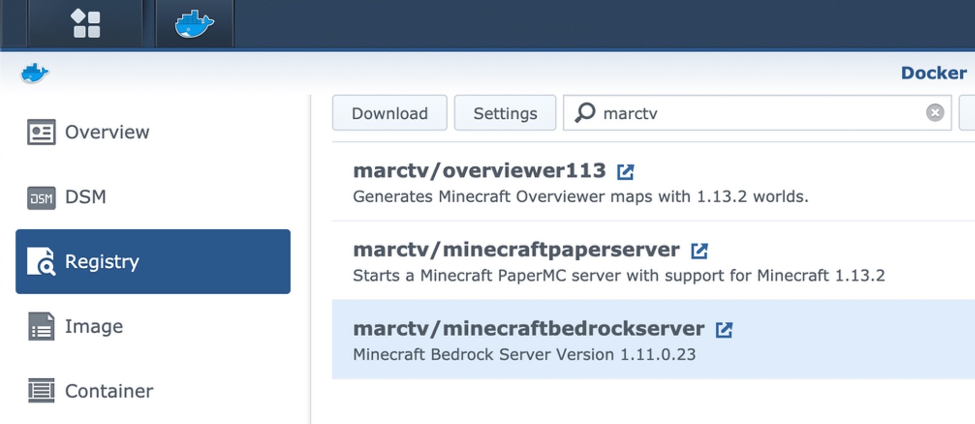 Bedrock Server Docker Image im Synology Repository