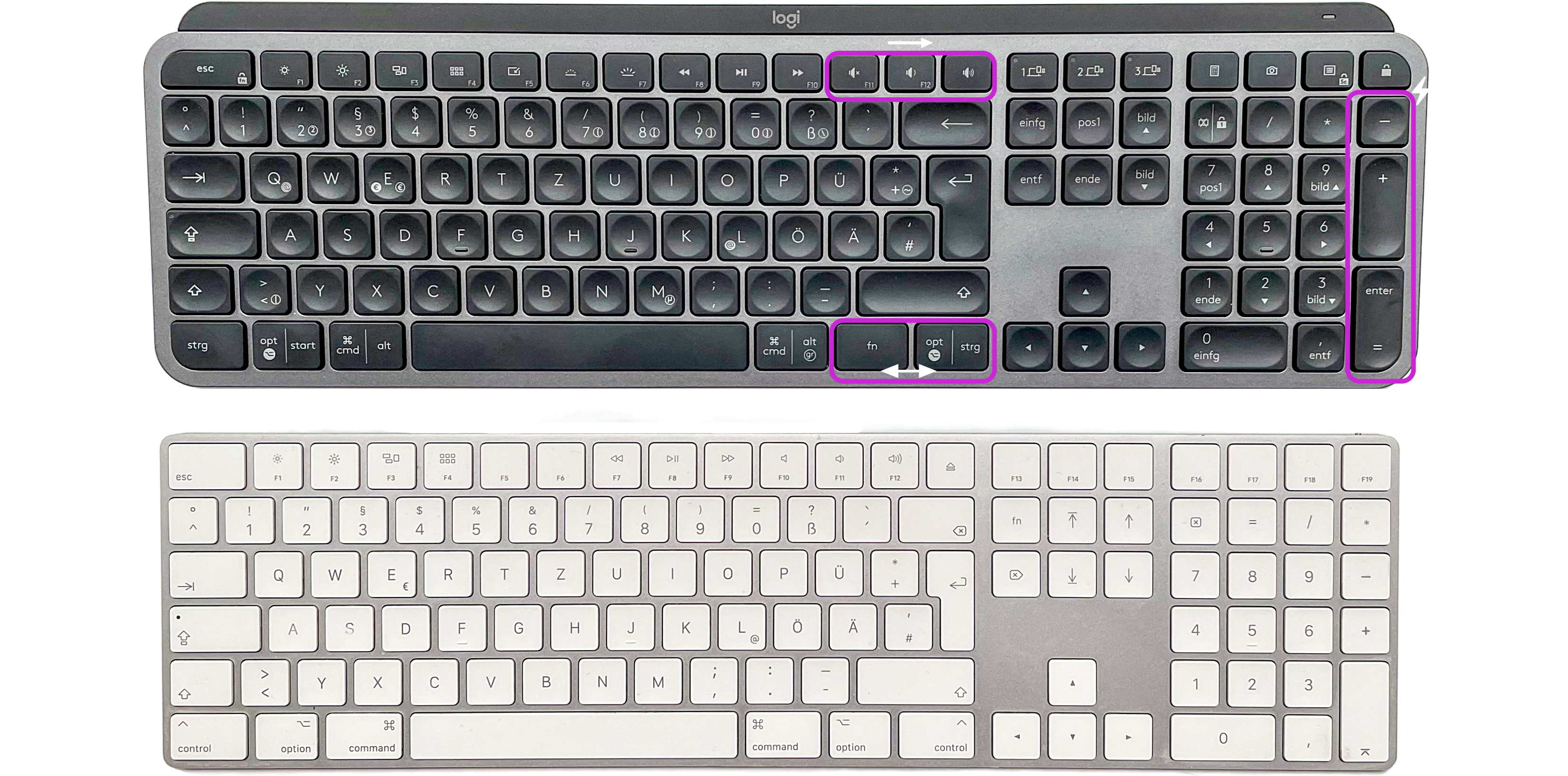 Tastenlayout: Logitech MX Keys vs. Apple Magic Keyboard