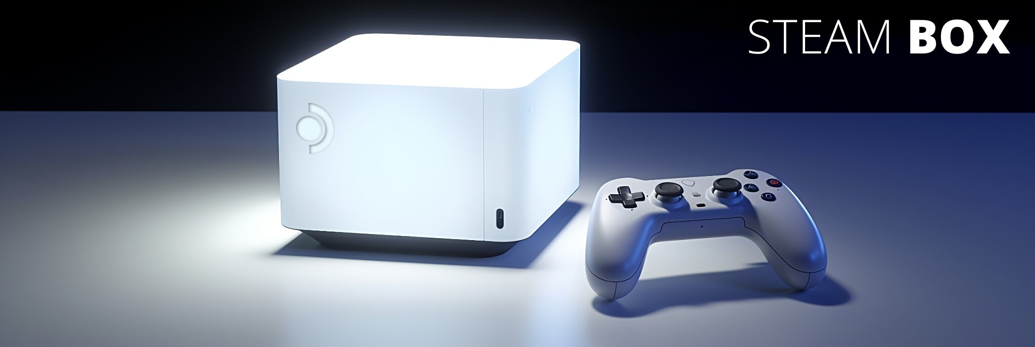 A product image showcasing a white cube designed to connect to a TV, featuring a power button and a game controller (content), expertly rendered as a high-resolution 3D model (medium), set in a clean, white, empty room (style), illuminated by soft, natural lighting that emphasizes the cube's sleek design (lighting), focusing on the harmonious color palette of the cube and the room (colors), and composed with a simple, centered perspective that highlights the key component (composition). --v 5 --ar 3:1
