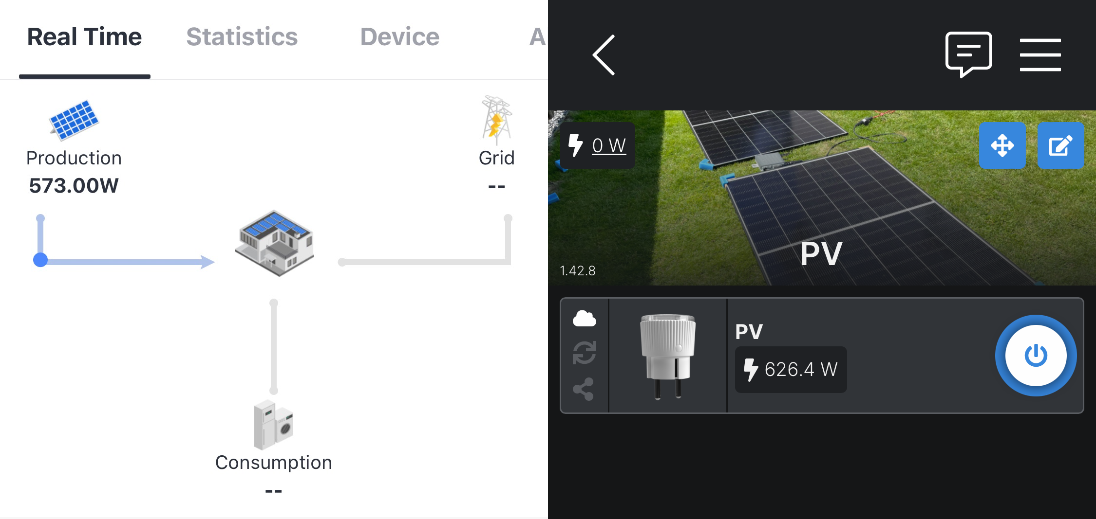 Links: Solarman-App am Deye-Wechselrichter. Rechts: Shelly Plug S Messung