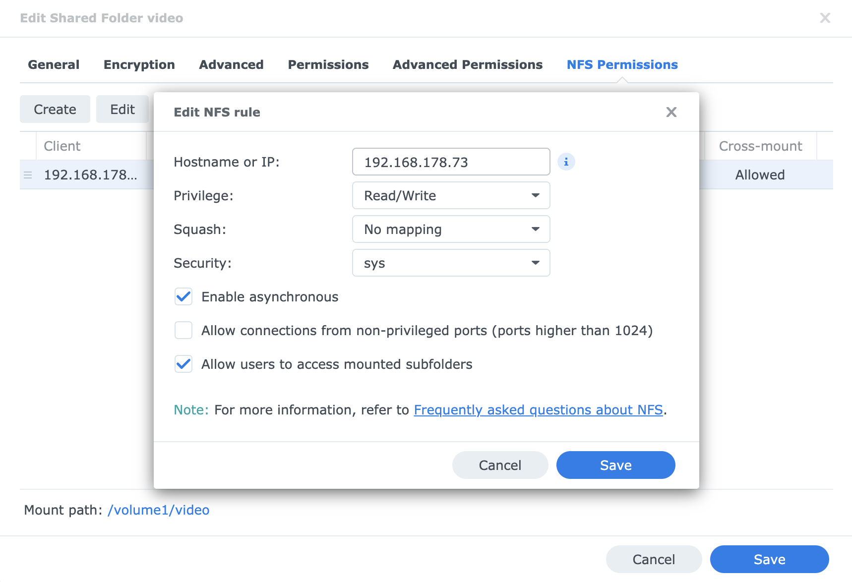 Synology NFS konfigurieren