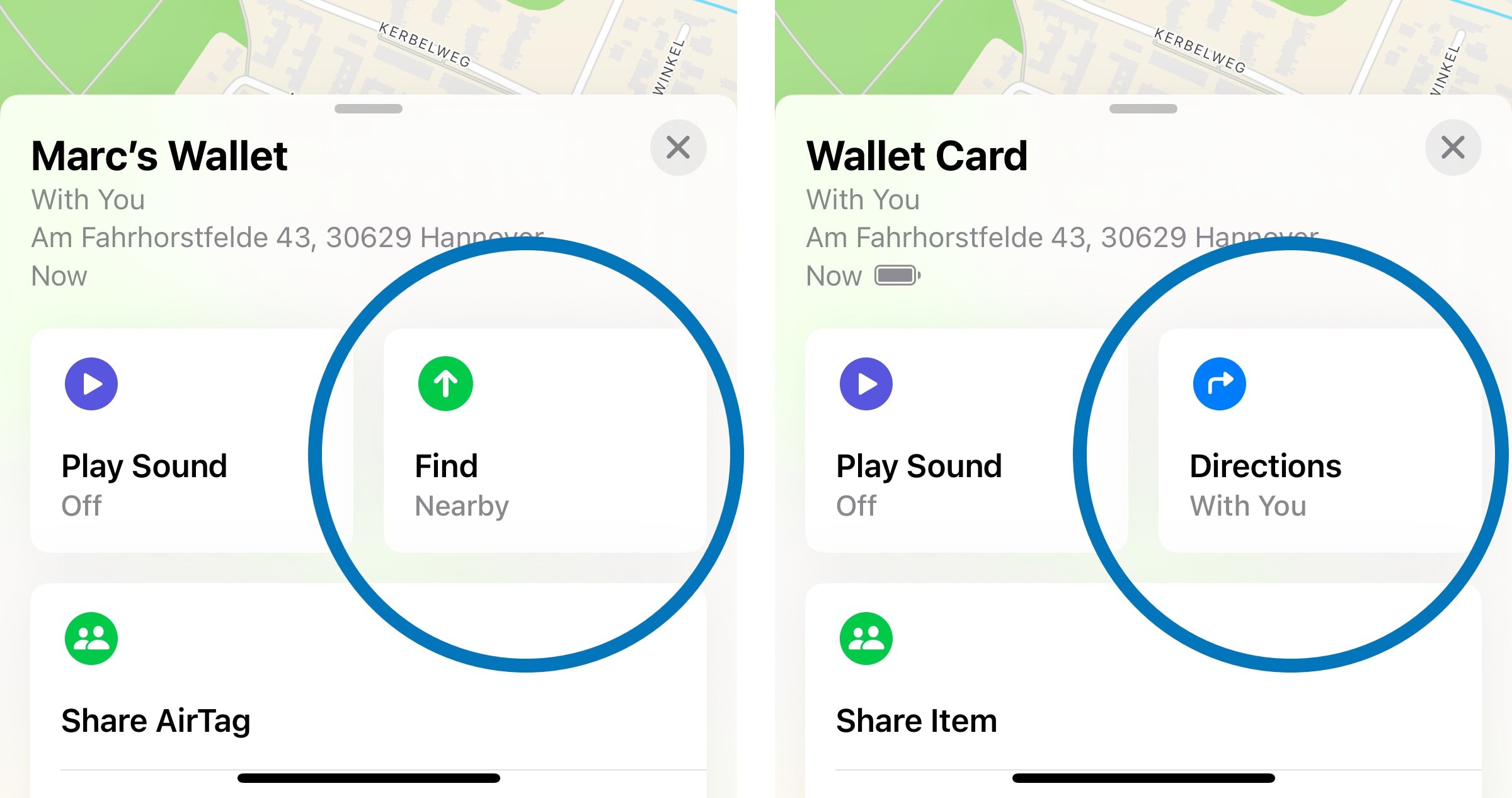 Links ein AirTag und rechts ein Wallet Tracker im Kartenformat. Es fehlt die "Finden in der Nähe"-Funktion.