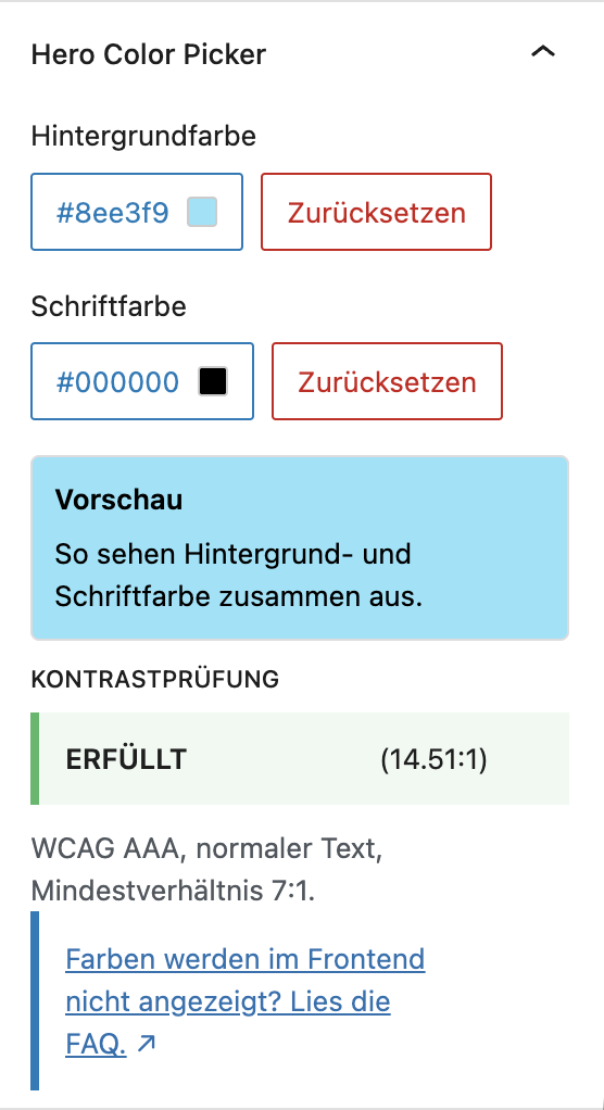 Die Hero Color Picker Sidebar im Beitrag in seiner aktuellen Ausbaustufe mit WGAC Test, Vorschau und Hilfe-Link.