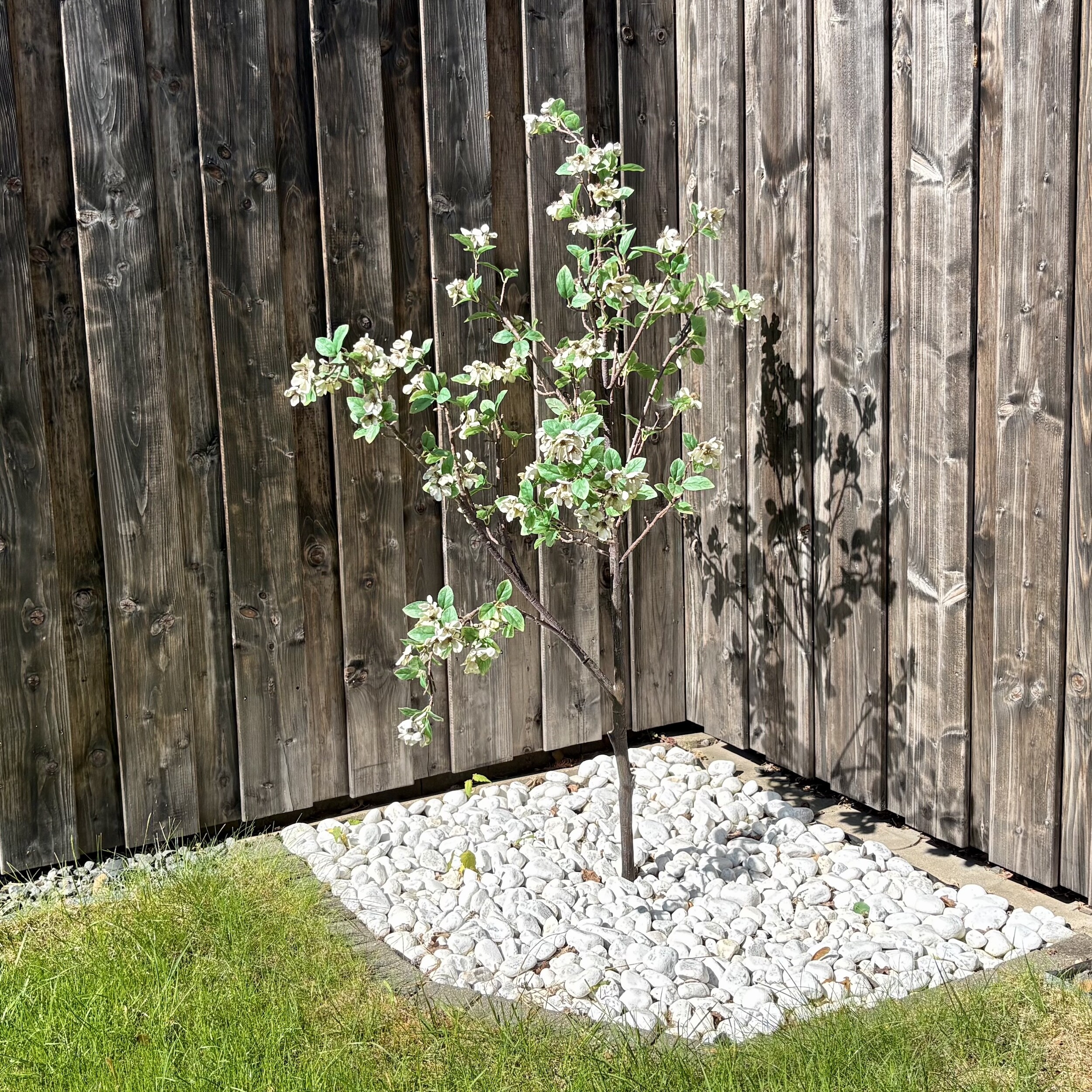 Unser Zero Maintenance Apfelbaum. Einer unserer künstlichen Pflanzen im Garten. Selbstverständlich ist unter den weißen Steinen eine Teichplane gegen Unkraut.