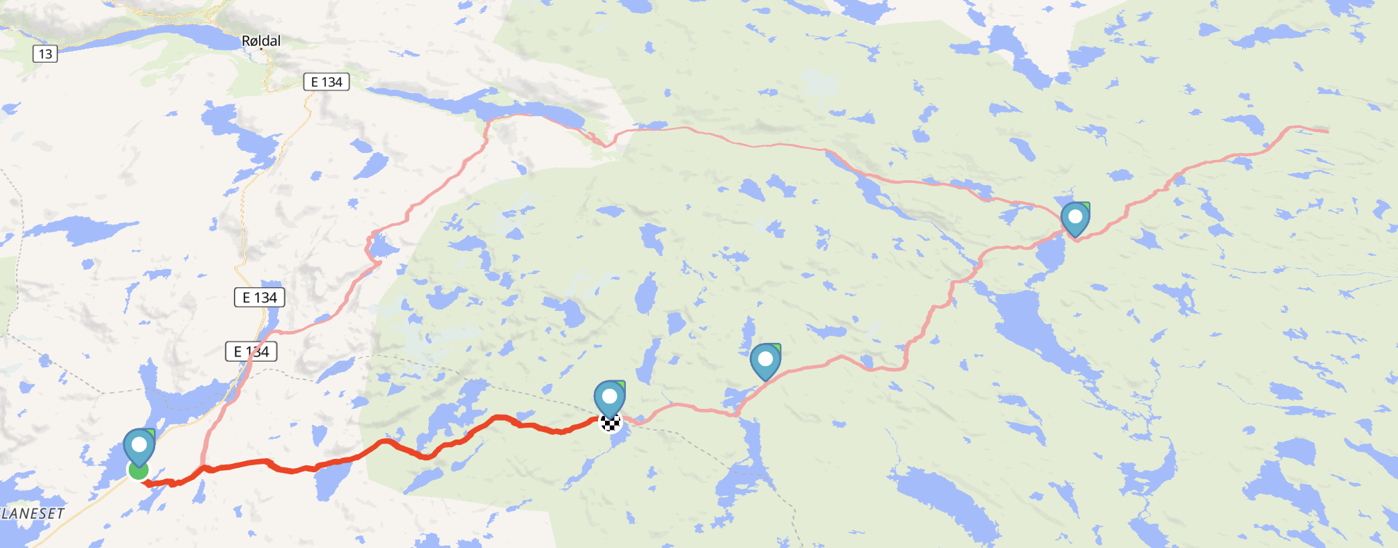 Die geplante Route und die erreichte Route auf der westlichen Hardangervidda. Norden ist recht.