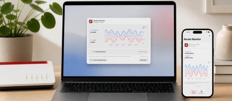 Router Monitor zeigt den Internetverkehr einer FRITZ!Box auf einem Mac und einem iPhone